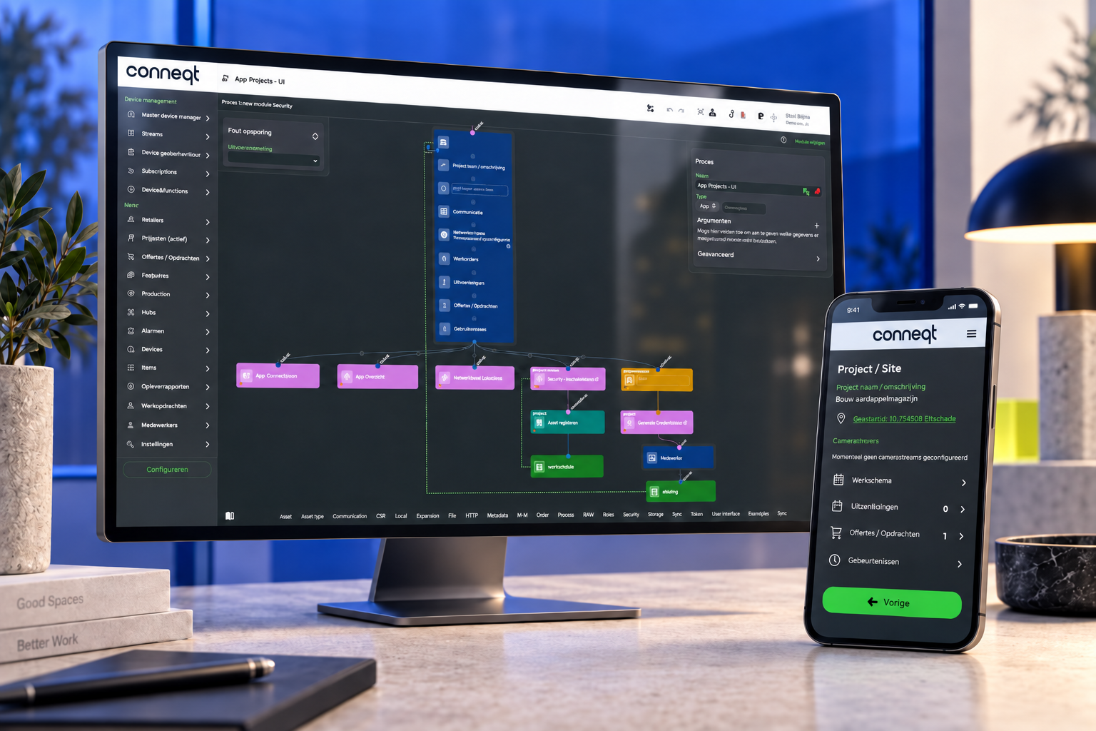 Conneqt-interface op een beeldscherm naast een mobiele weergave.