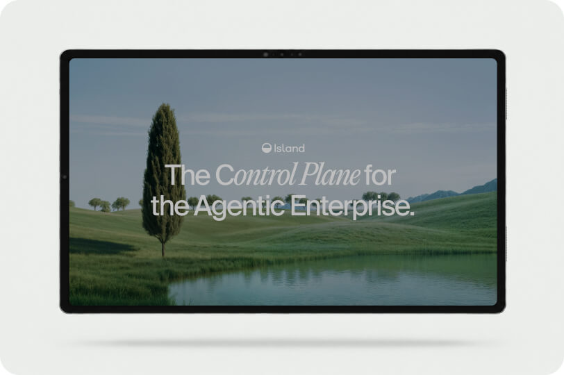 Island video cover: The Control Plane for the Agentic Enterprise, over a green landscape with a lake and a cypress tree