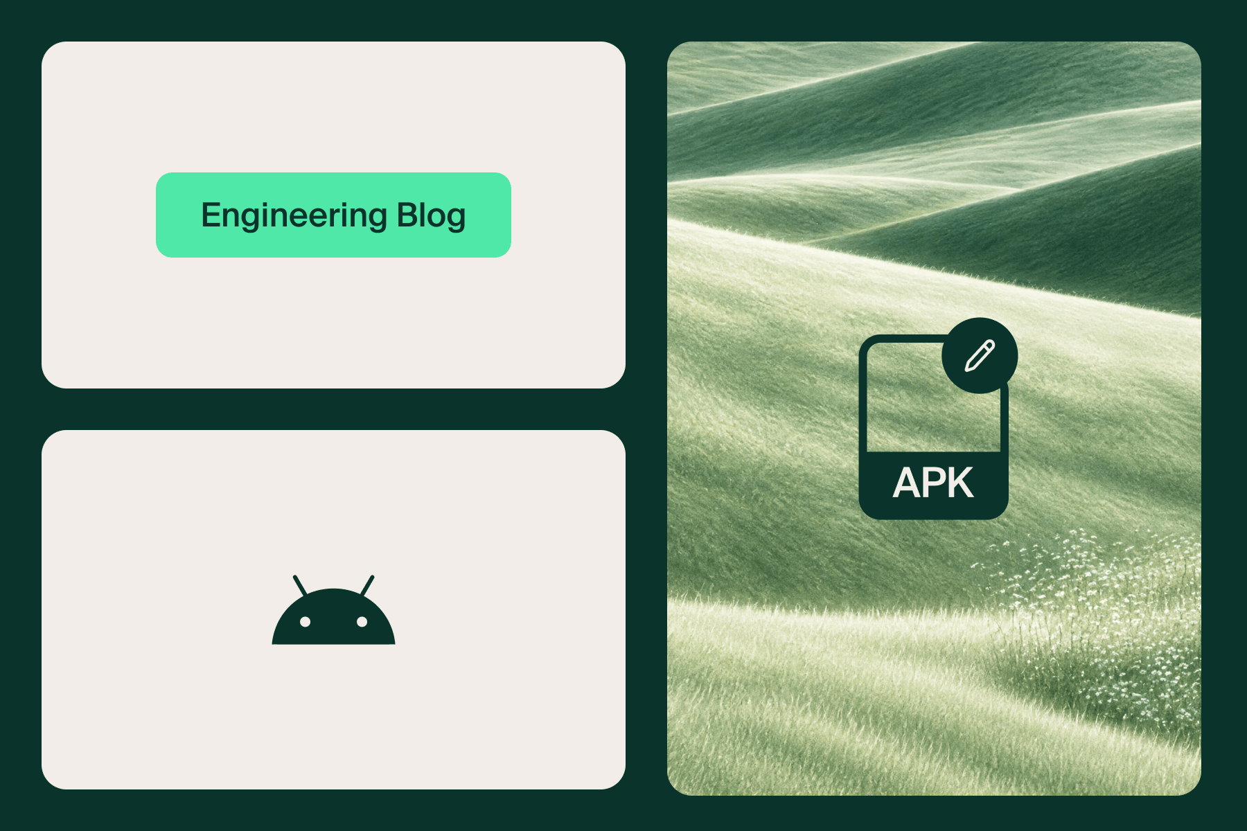 Engineering Blog cover with an APK file icon with a pencil on a green hills background