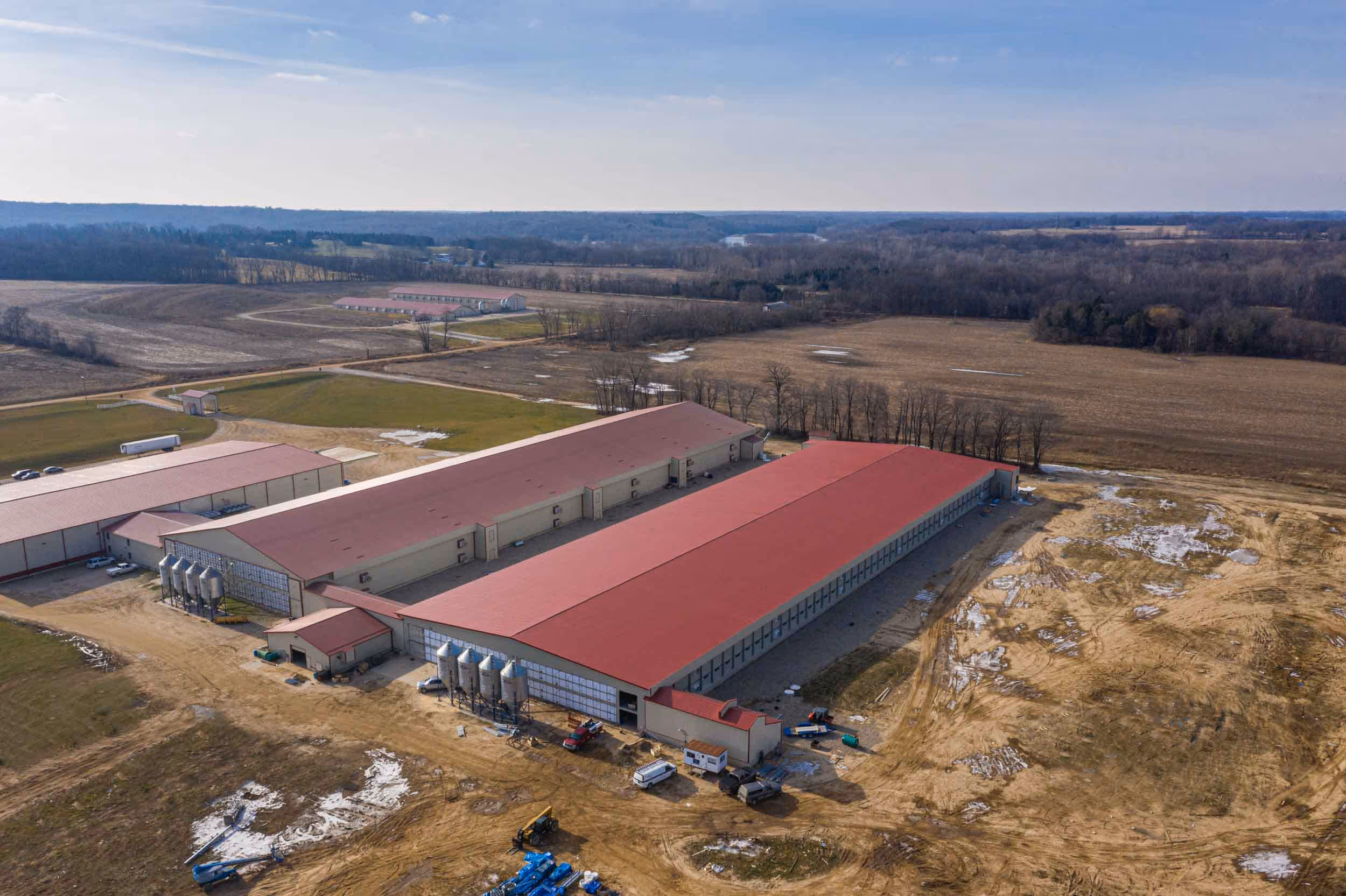 Aerial view of large agricultural buildings with red roofs surrounded by farmland and dirt roads under a clear blue sky.