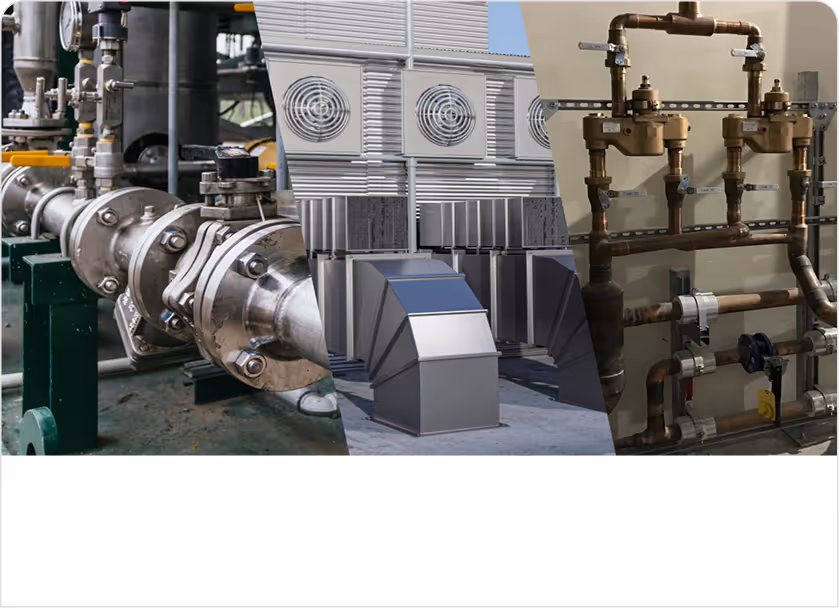 Collage showing industrial mechanical HVAC systems: left side with metal pipes and valves, center featuring large ventilation fans and ducts, and right side displaying copper plumbing and water meters mounted on a wall