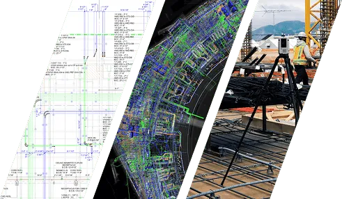 A collage showing a drawing set, a 3D construction model, and a jobsite with workers and surveying equipment, highlighting the role of BIM in modern modeling and project coordination.