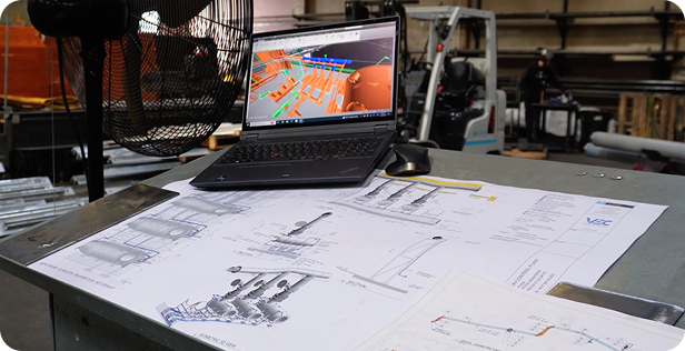 VEC onsite quality control using a tablet mounted on a tripod for 3D laser scanning and construction validation.