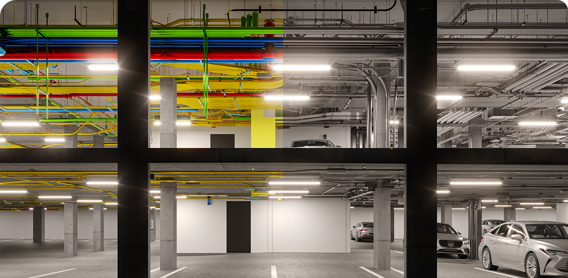 A digital rendering shows multiple conduits neatly arranged and curving through a cable tray system in space, surrounded by structural elements. The image shows 3D model in the context of the VDC Coordination Management service