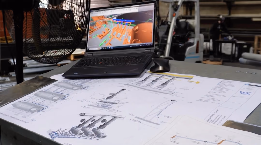 A video cover of a laptop displaying a 3D model and sitting on a desk covered with technical engineering blueprints, illustrating the process of BIM & VDC in an industrial or workshop setting