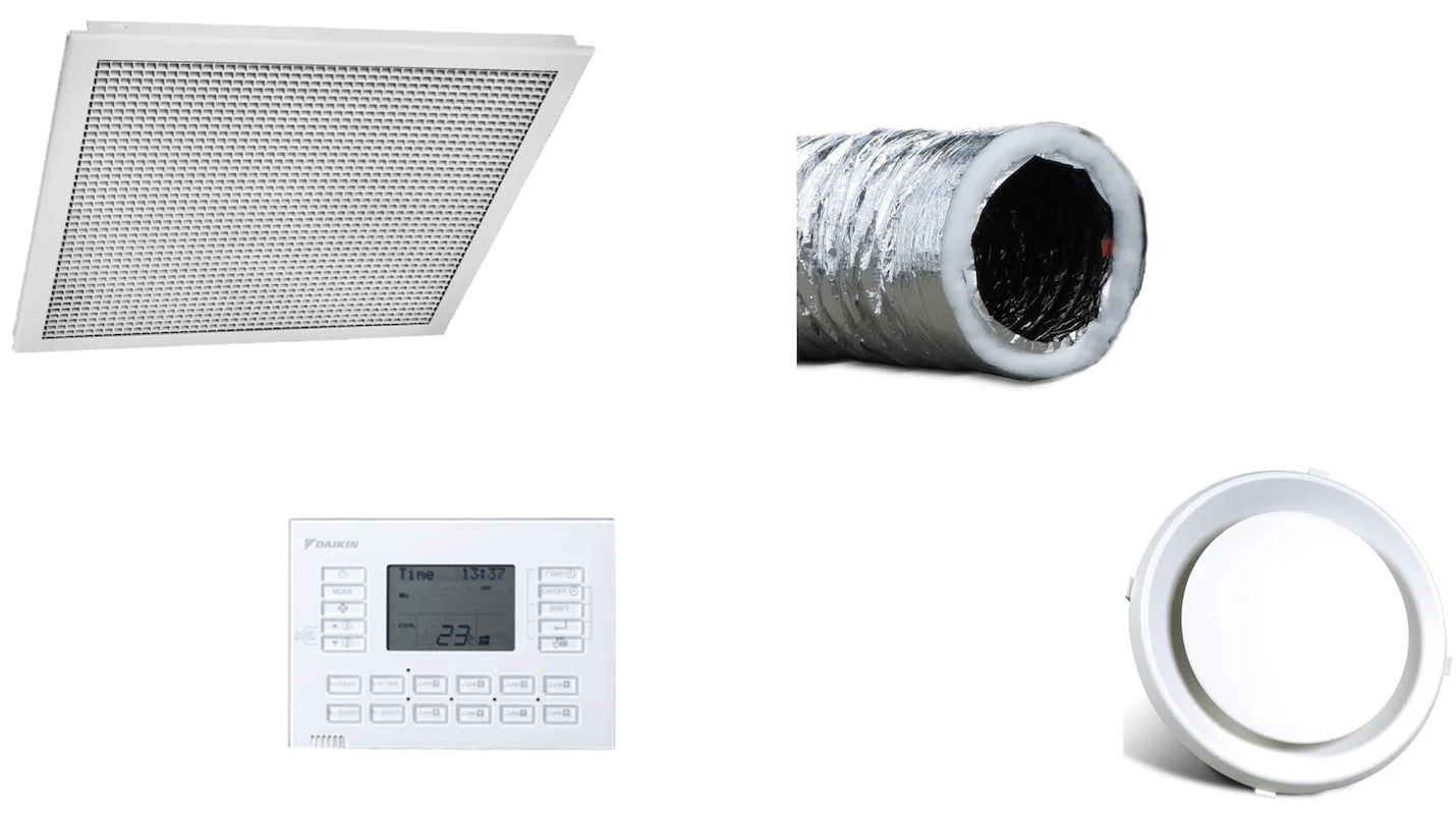 Ducted air conditioning components including a return air grille, insulated flexible ductwork, Daikin zone controller and round ceiling diffuser