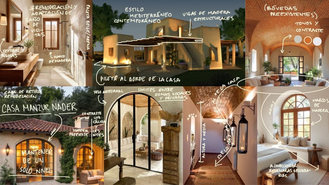 Moodboard de proyecto arquitectonico con sketches y distintos ejemplos de fotografias