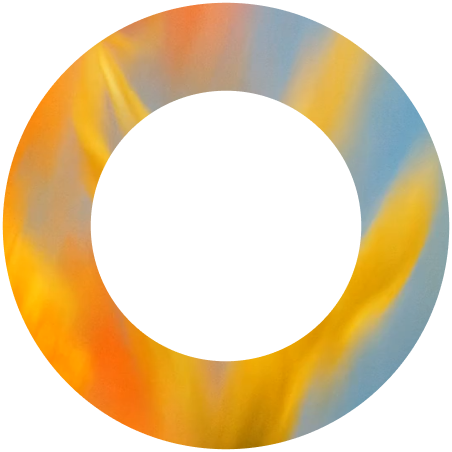 Circular ring with a gradient blend of orange, yellow, and blue colors resembling flames or waves.