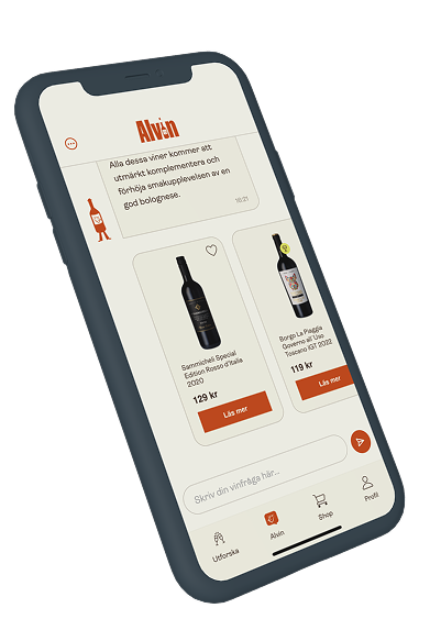 Mobile screen showing wine app with bottle images, prices, and navigation icons at the bottom.