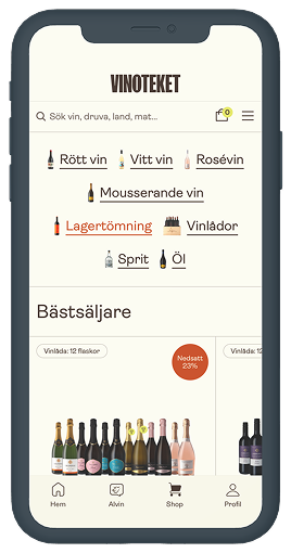 Mobile screen of Vinoteket app showing wine categories and bestsellers with discount badge.