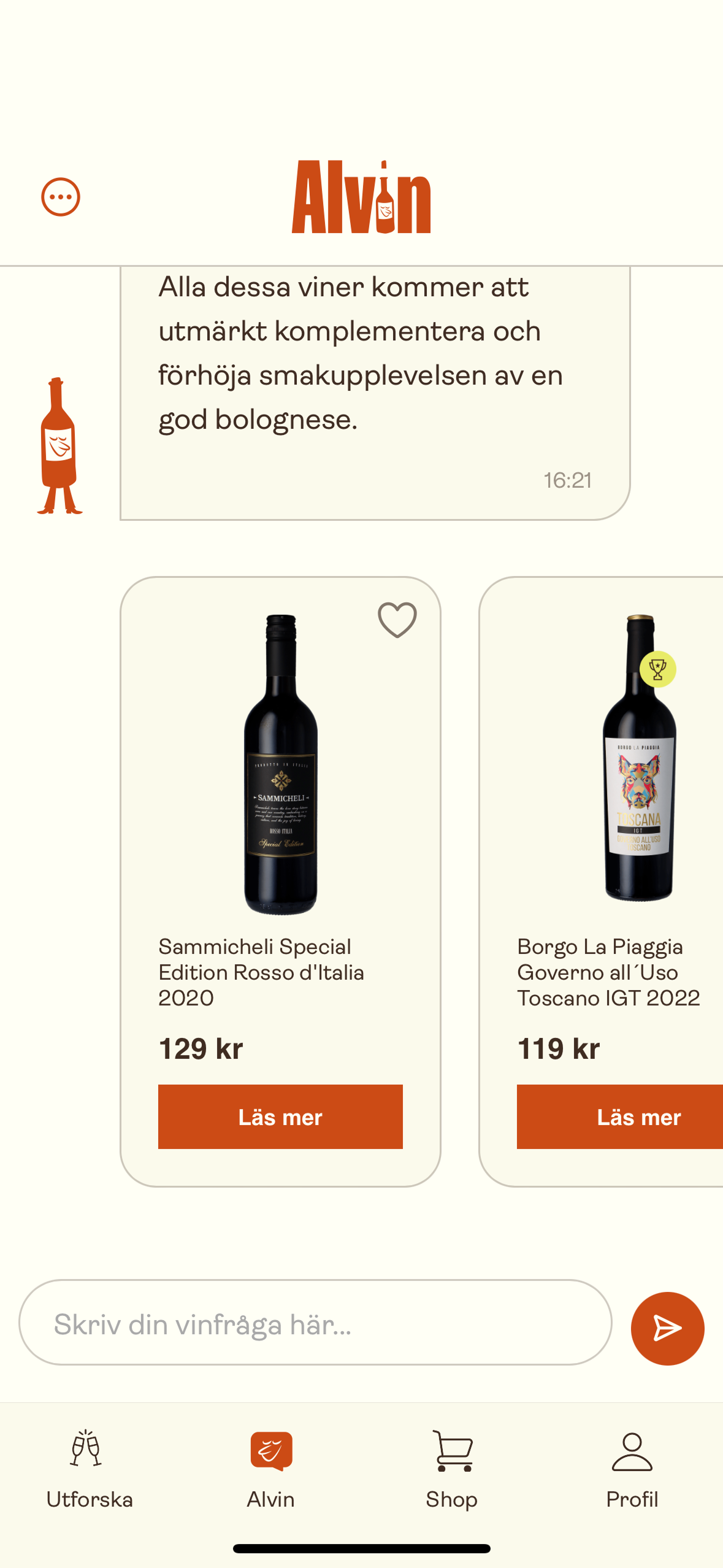 Swedish chat app Alvin recommending wines to complement bolognese with two wine options and prices listed.