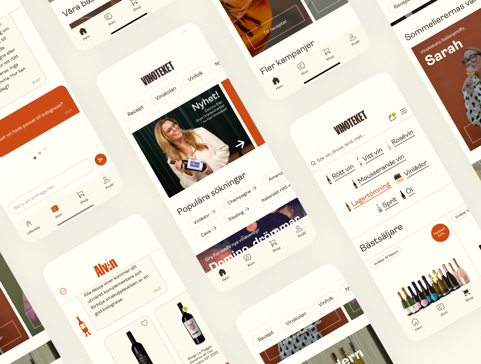 Mobile app screens showing wine categories, wine bot chat, popular searches, and wine seller profiles.