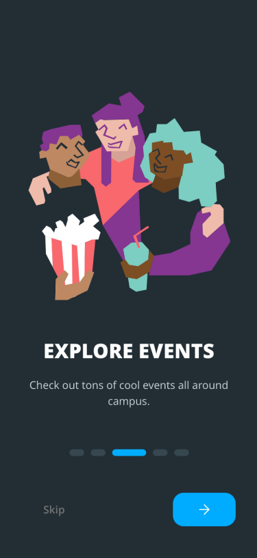 Illustration of three smiling people holding popcorn and a drink under text 'Explore Events' on dark background.
