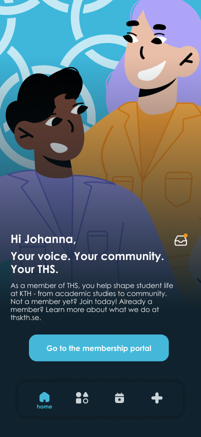 Illustration of two smiling people against a blue background with circles and membership portal call to action.