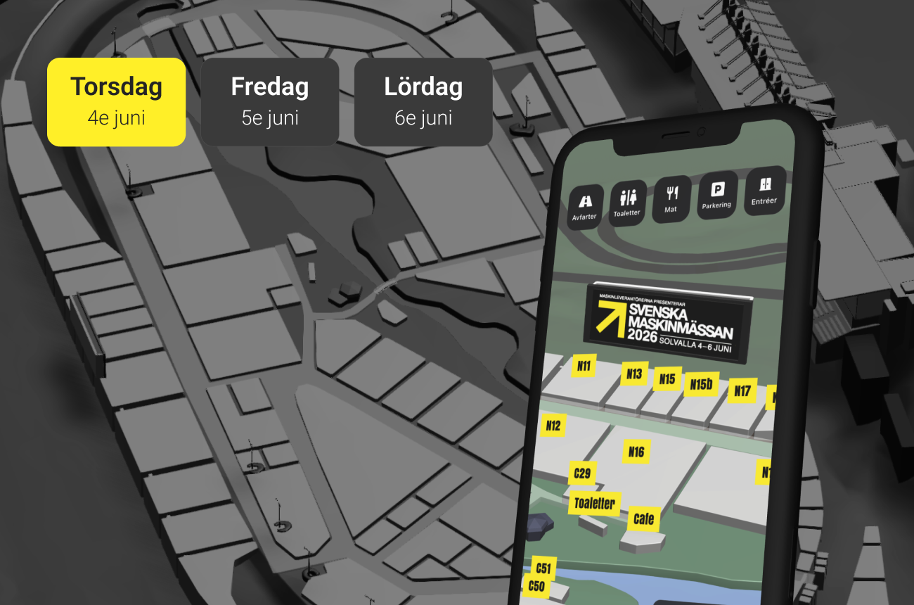 Map of Svenska Maskinmässan 2026 with dates June 4-6 and key location icons on a phone screen.