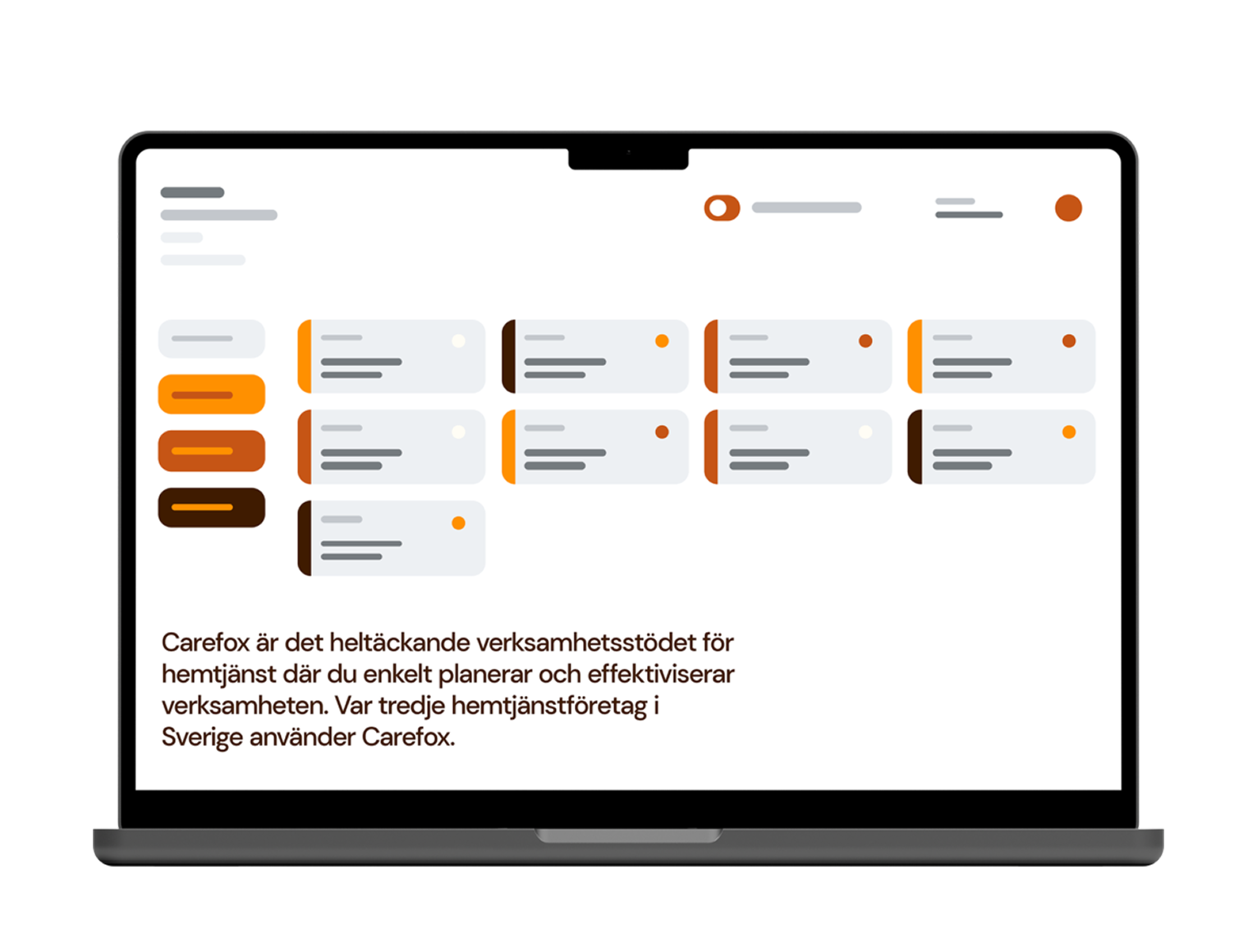 Laptop screen showing Carefox software interface with menus, task cards, and Swedish text about home care support.