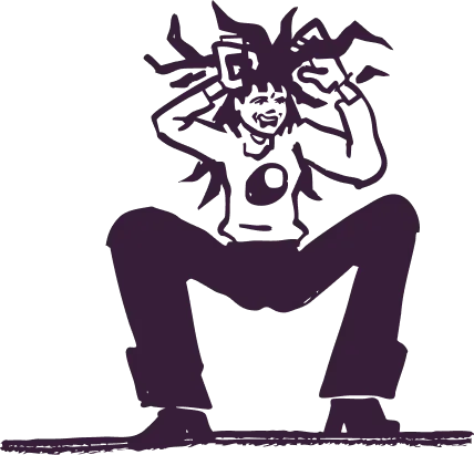 Stylized dark purple silhouette of a person crouching with hands near head and jagged shapes extending from the head.