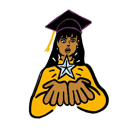 Illustration of a woman in a yellow graduation gown and purple cap holding a silver star in her outstretched hands.