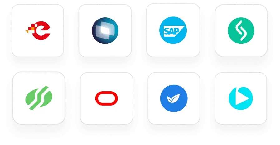 Logotipos de empresas que integram com o Ploomes, incluindo eGestor, Totvz, SAP,Sankhya, Oracle