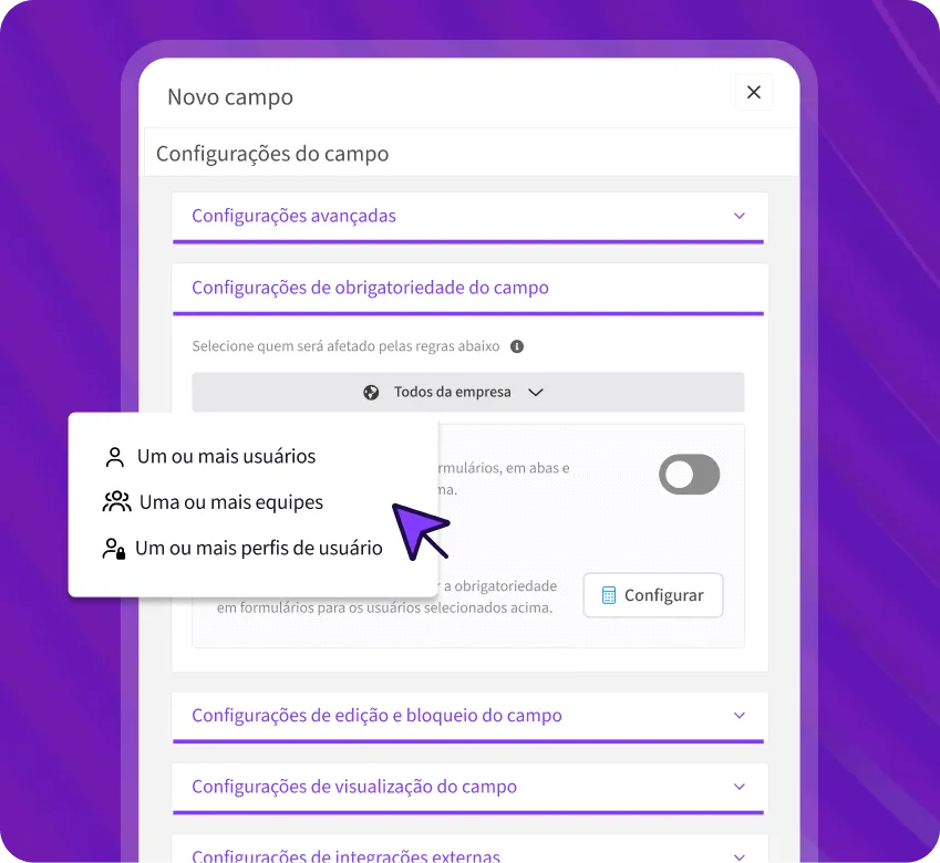 Tela de criação de novo campo no CRM com opções de obrigatoriedade, perfis de usuário e equipes