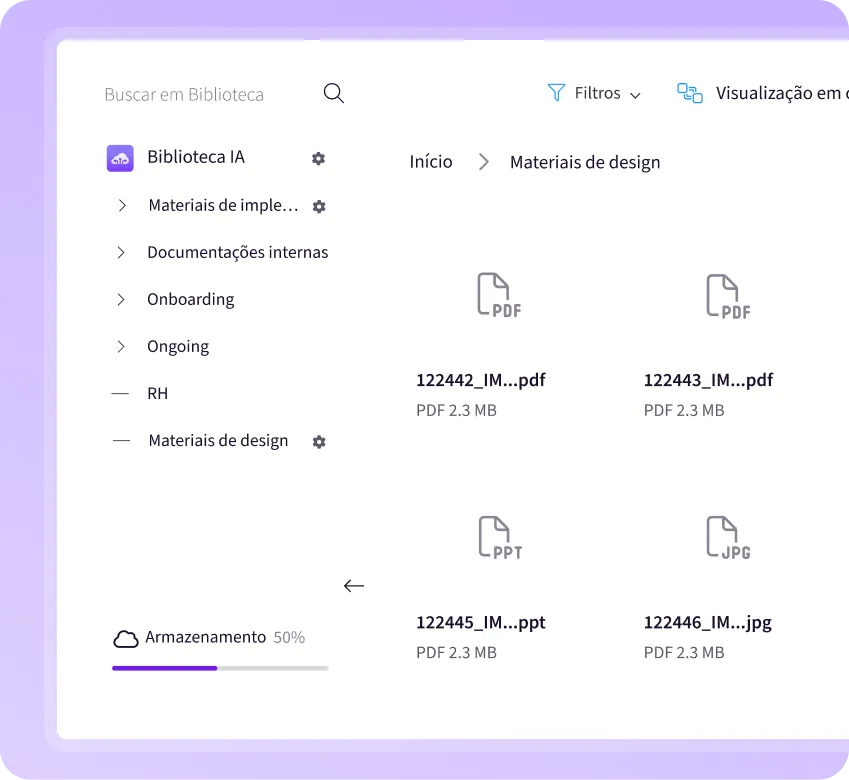 Tela da biblioteca do CRM com barra de busca, filtros e navegação por pastas de materiais e documentos