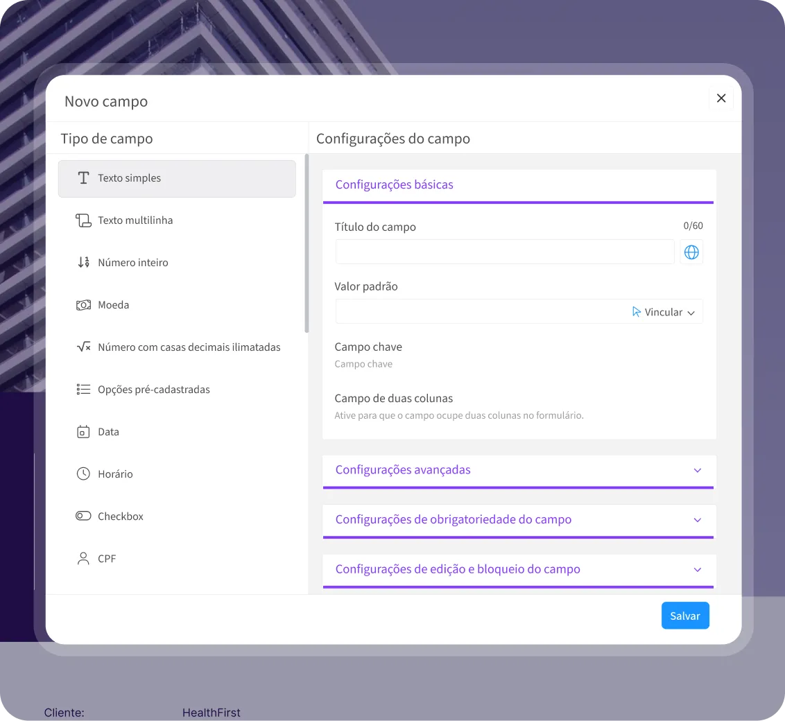 Tela de criação de novo campo no CRM com tipos de campo e configurações básicas e avançadas visíveis