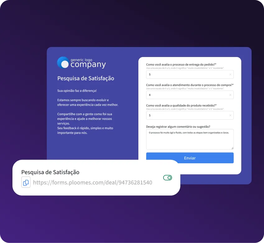 Formulário de pesquisa de satisfação integrado ao CRM, exibido em tela com campos de avaliação e comentário