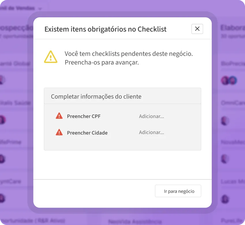 Modal do CRM alertando sobre itens obrigatórios no checklist pendentes para avançar no negócio