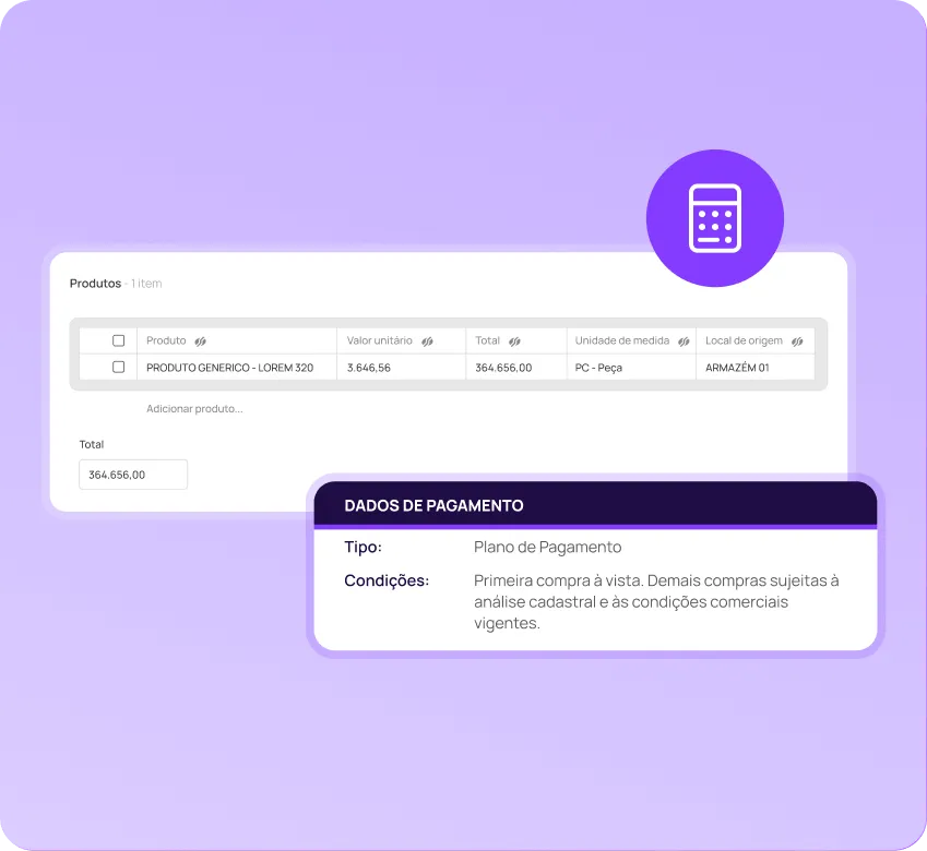 Tabela de produtos no CRM com valores unitários, total calculado automaticamente e dados de pagamento exibidos