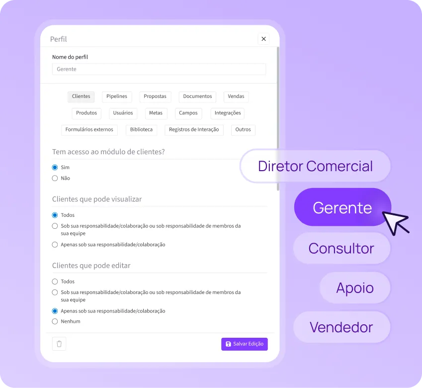 Tela de configuração de perfil de usuário no CRM com permissões por módulo e nível de acesso