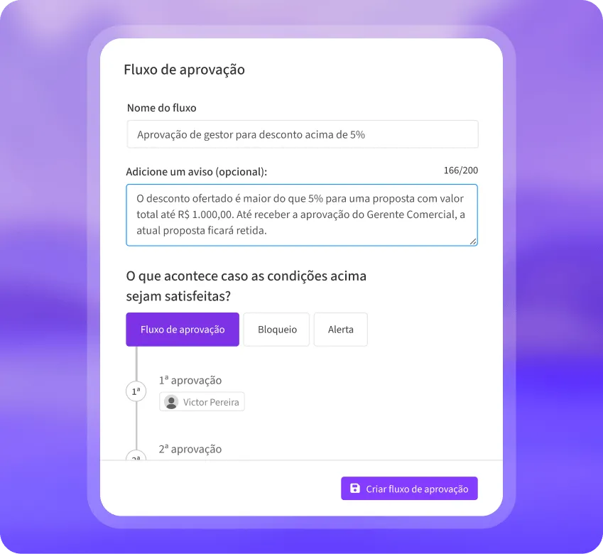 Tela de criação de fluxo de aprovação no CRM com regras de desconto e níveis de aprovação configurados
