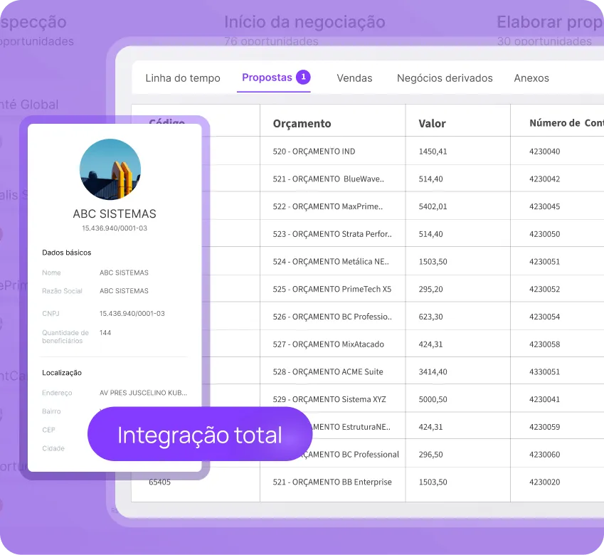Tela de perfil do cliente no CRM com lista de orçamentos, valores e informações integradas em uma única visão