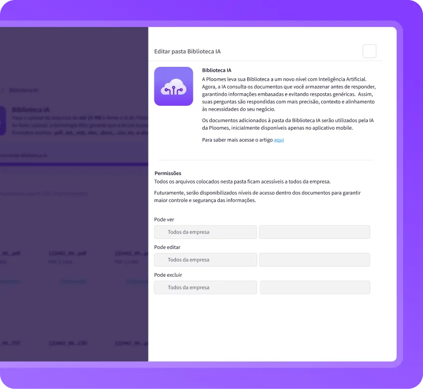 Tela de edição da Biblioteca com IA no CRM com definição de permissões de visualização, edição e exclusão