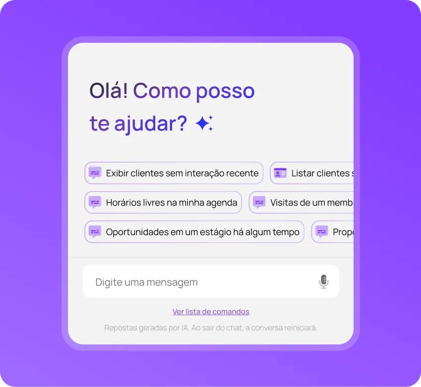 Tela do assistente de IA no CRM com sugestões de comandos e campo para digitar perguntas