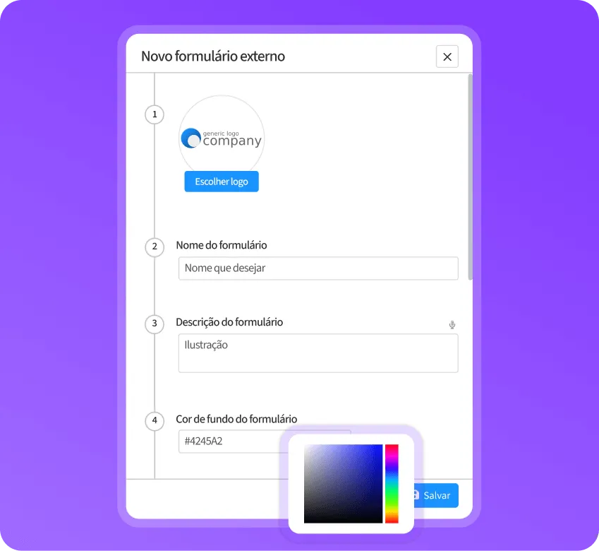 Tela de criação de novo formulário externo no CRM com campos de nome, descrição e escolha de cor de fundo