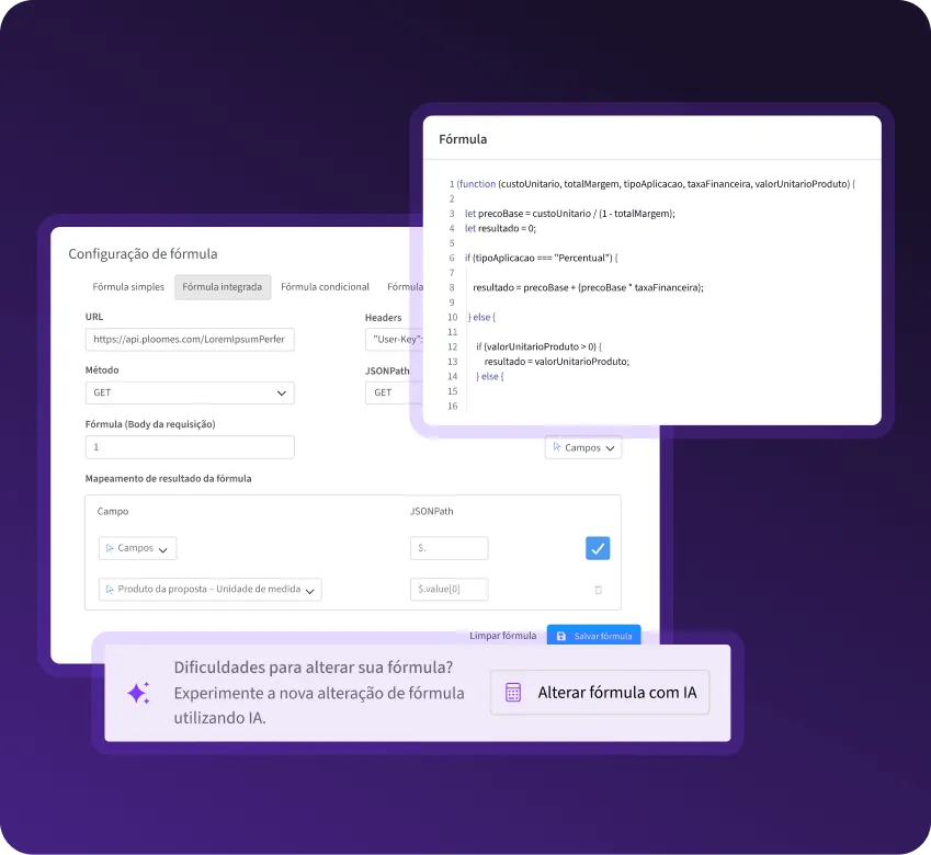 Tela de configuração de fórmula no CRM com editor de código e mapeamento de campos para cálculo de valores