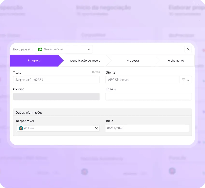 Tela de criação de novo negócio no CRM com etapas do funil, dados do cliente e responsável
