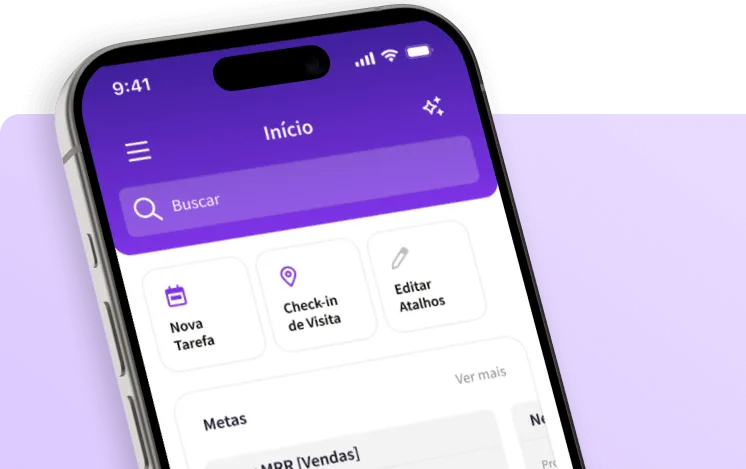 Tela inicial do aplicativo mobile do CRM com busca, atalhos e opções de nova tarefa e check-in de visita