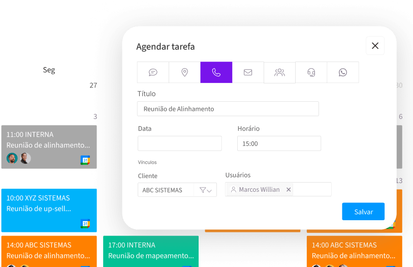Modal de agendamento de tarefa no CRM com título, data, horário, cliente e usuários vinculados