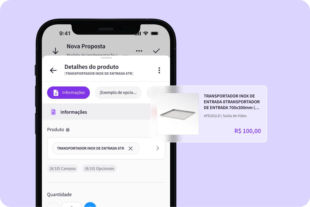 Interface do aplicativo de força de vendas Ploomes exibindo a tela de detalhes do produto