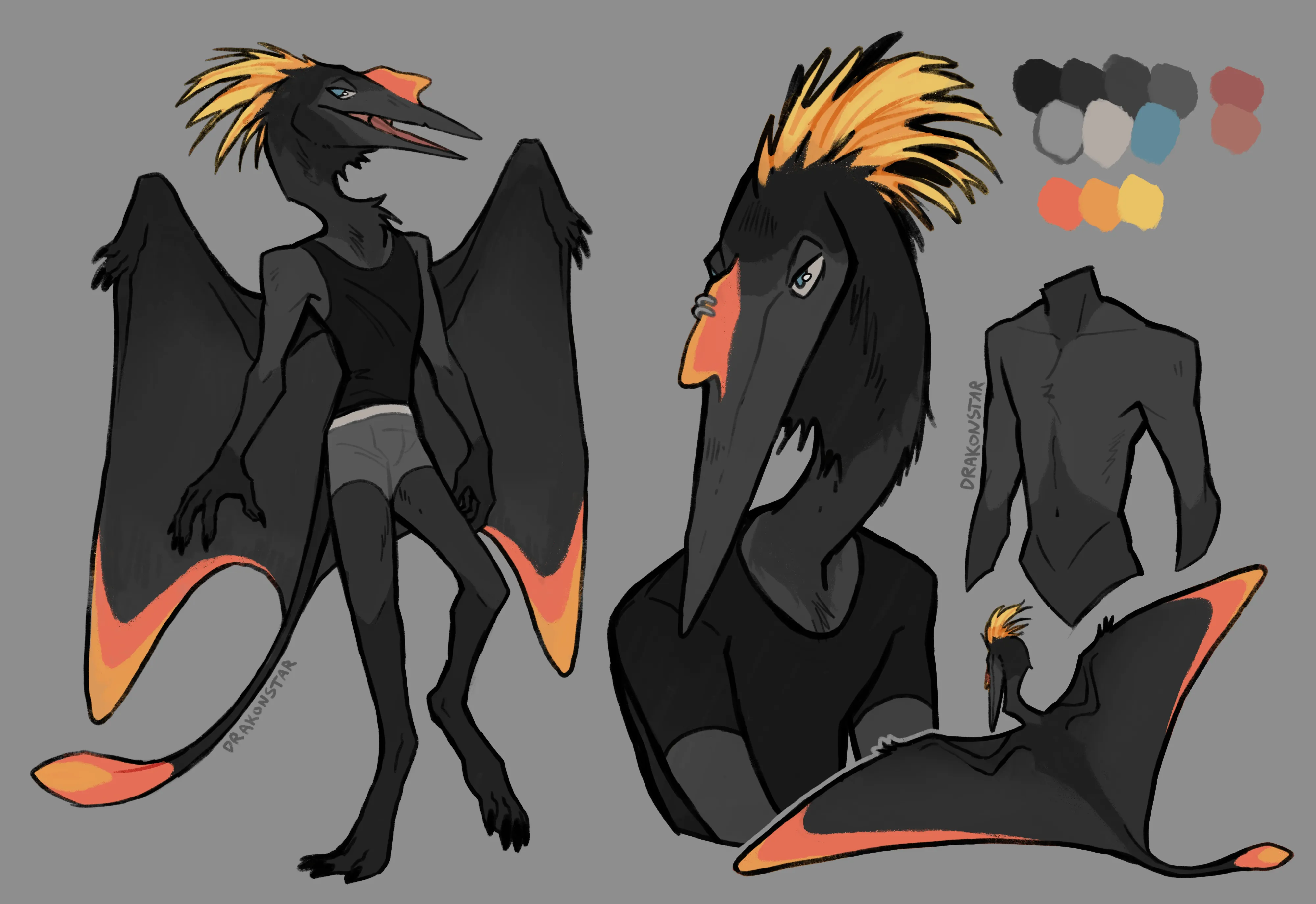 A black quetzalcoatlus character design with orange accents.