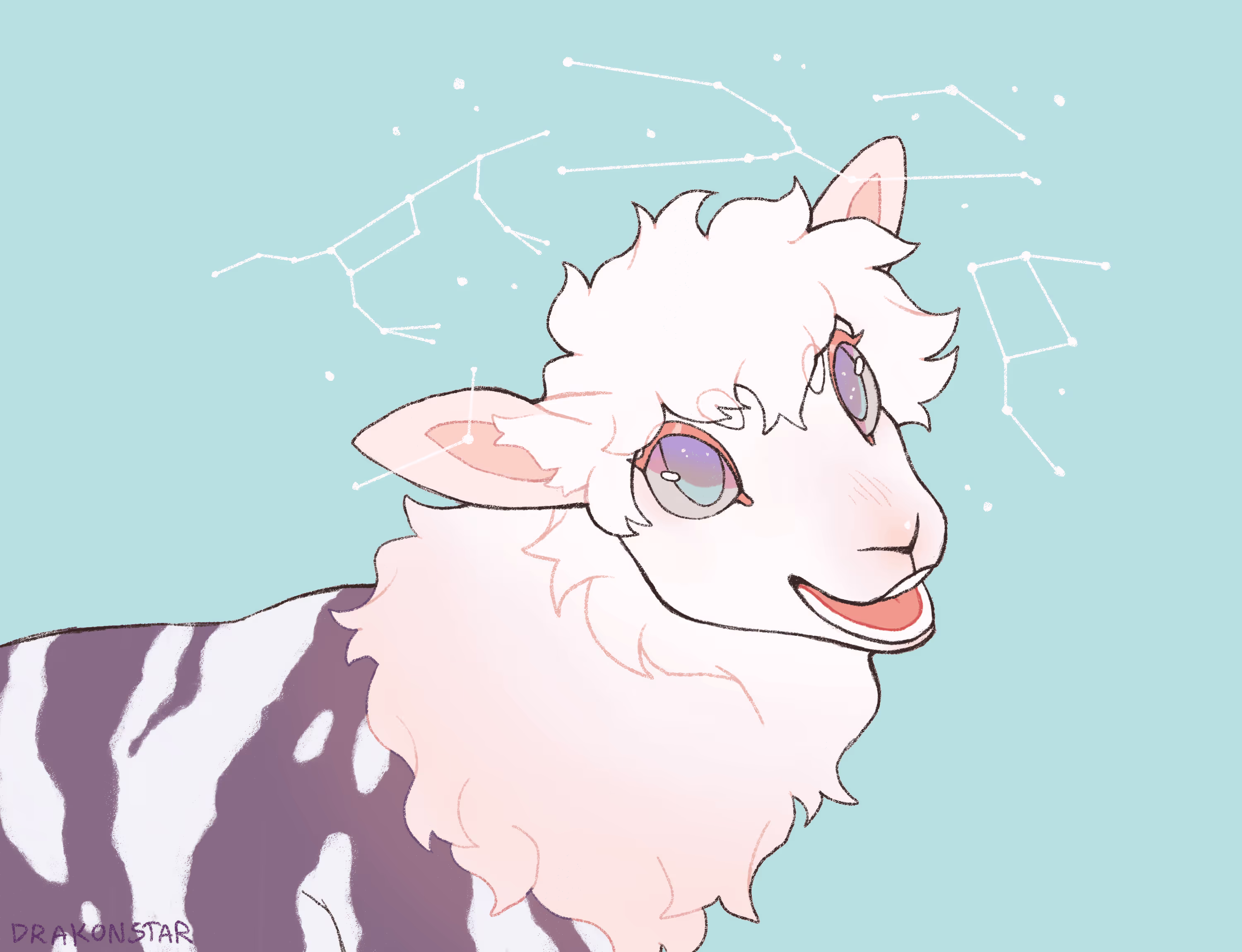 Drawing of a sheep character with small constellations.