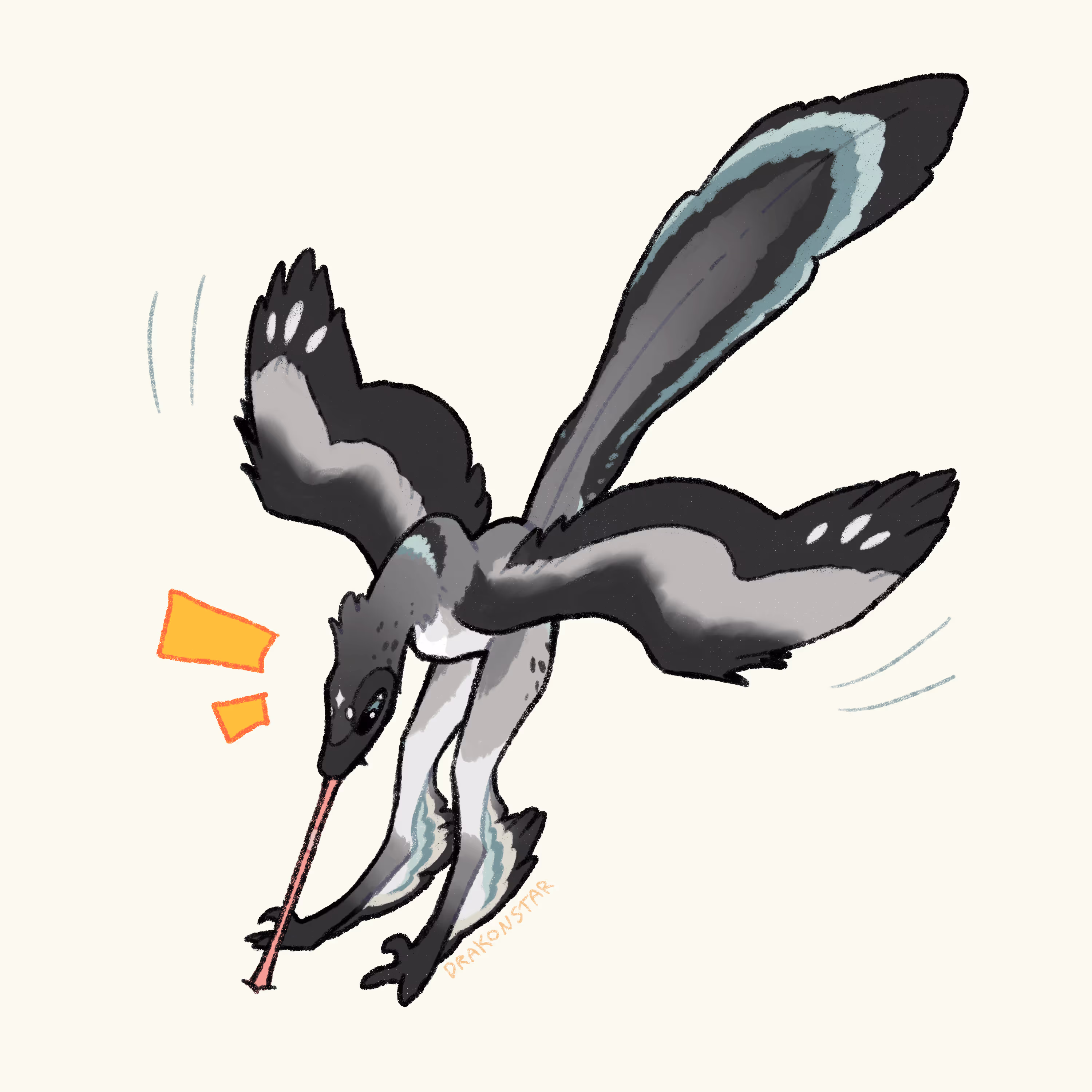 Drawing of a microraptor pulling a worm out of the ground.