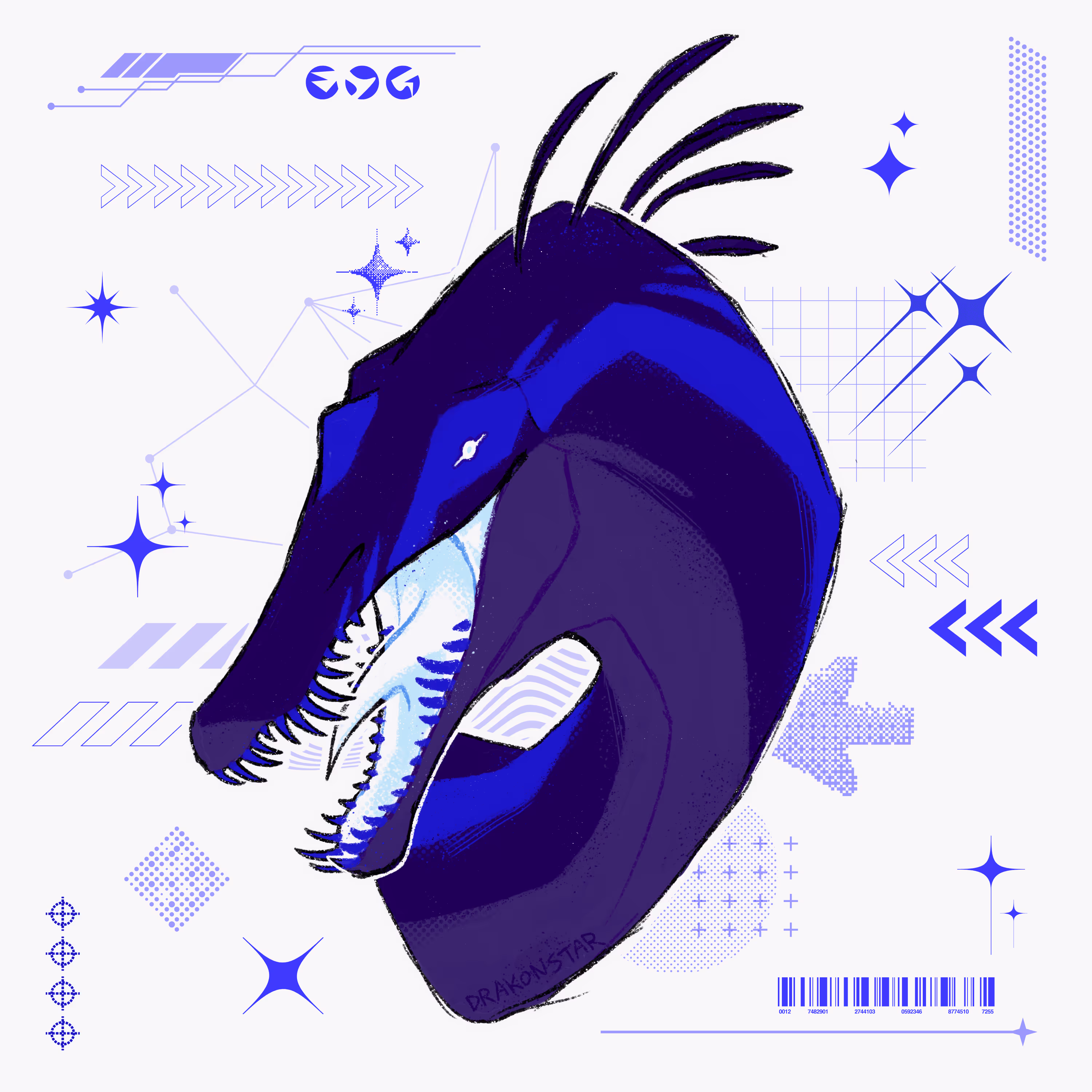 Drawing of a blue baryonyx with various graphic elements in the background.