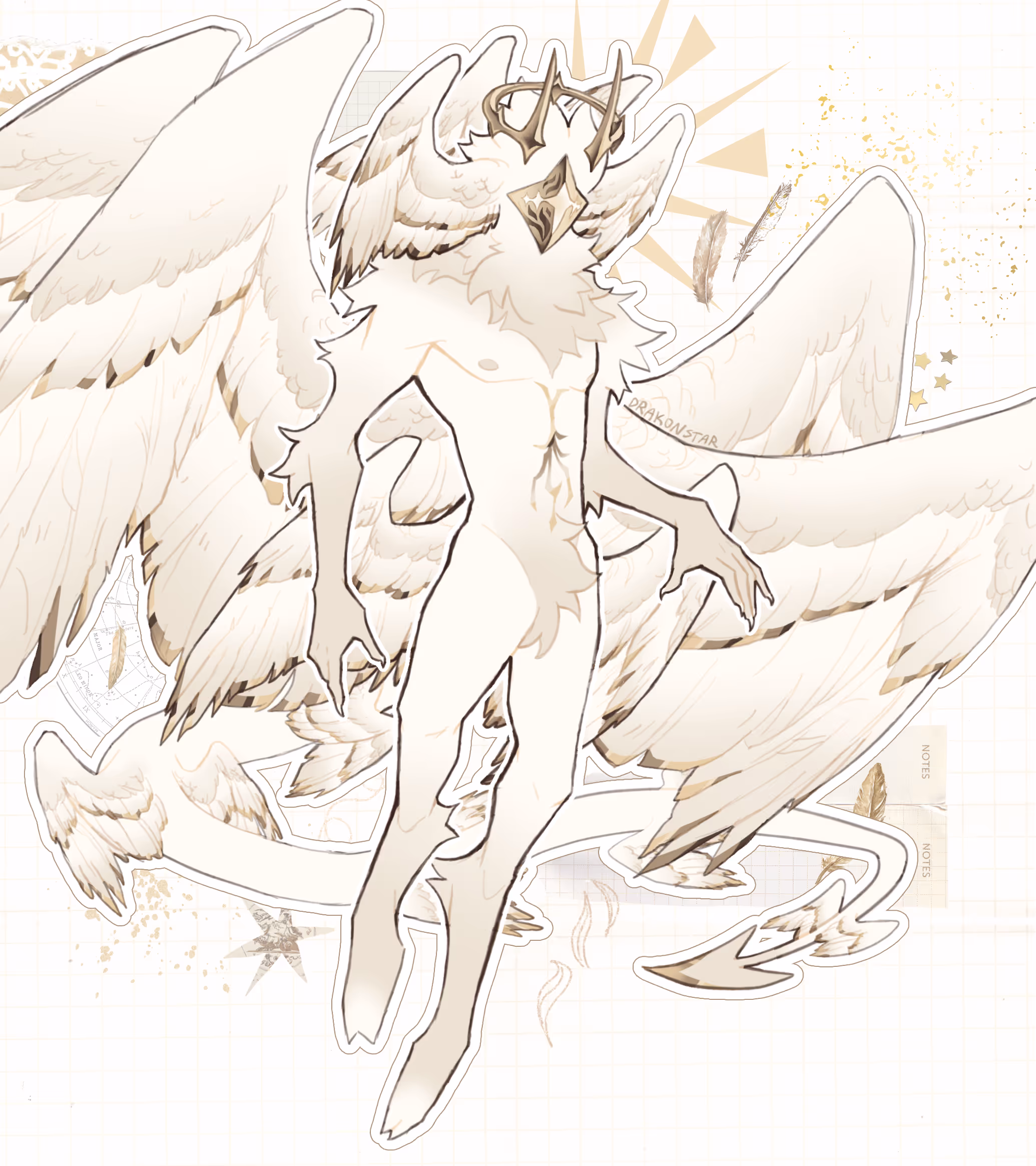 Drawing of a white humanoid angel character with several pairs of wings and gold accents.