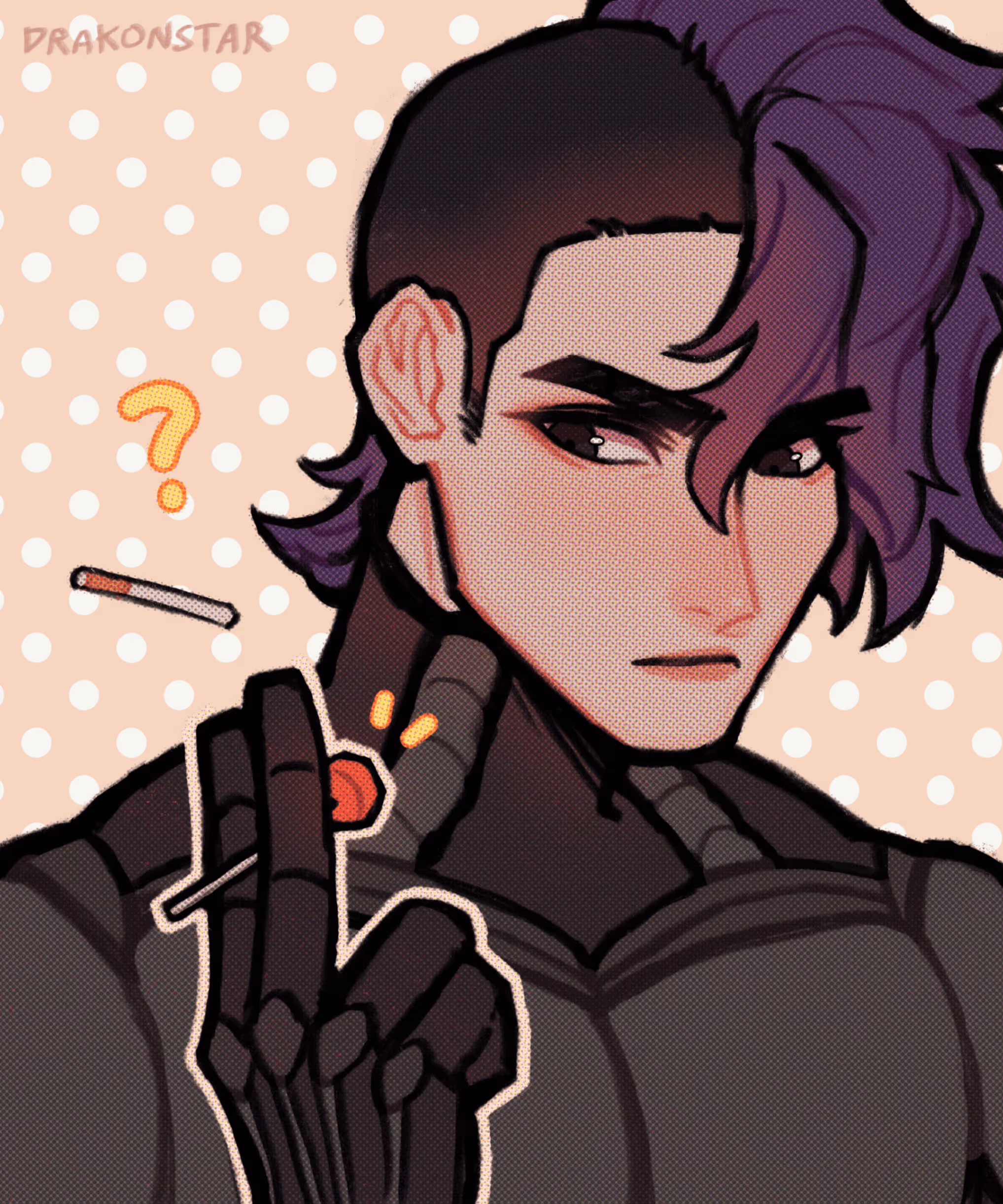 Drawing of a cyborg man holding a lollipop like a cigarette.