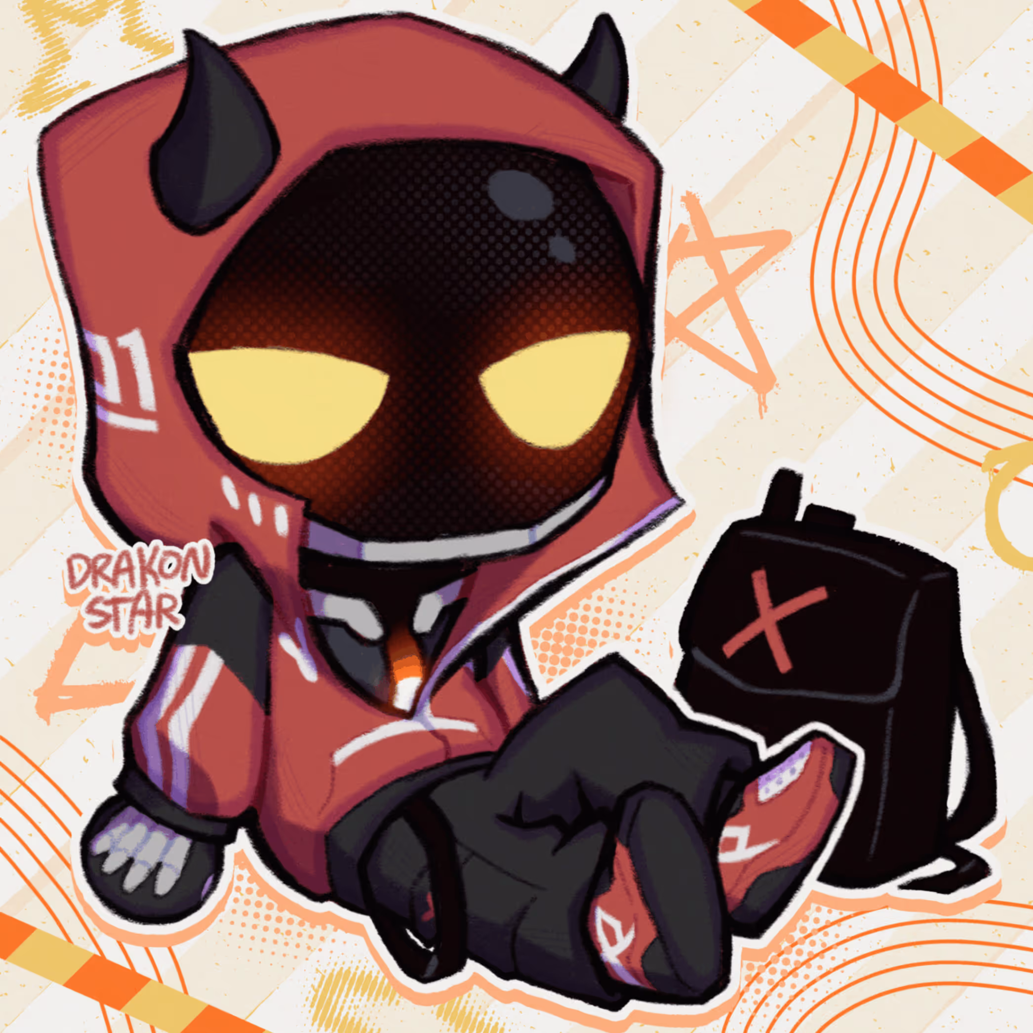 Chibi drawing of a robot with a black visor and red clothes.