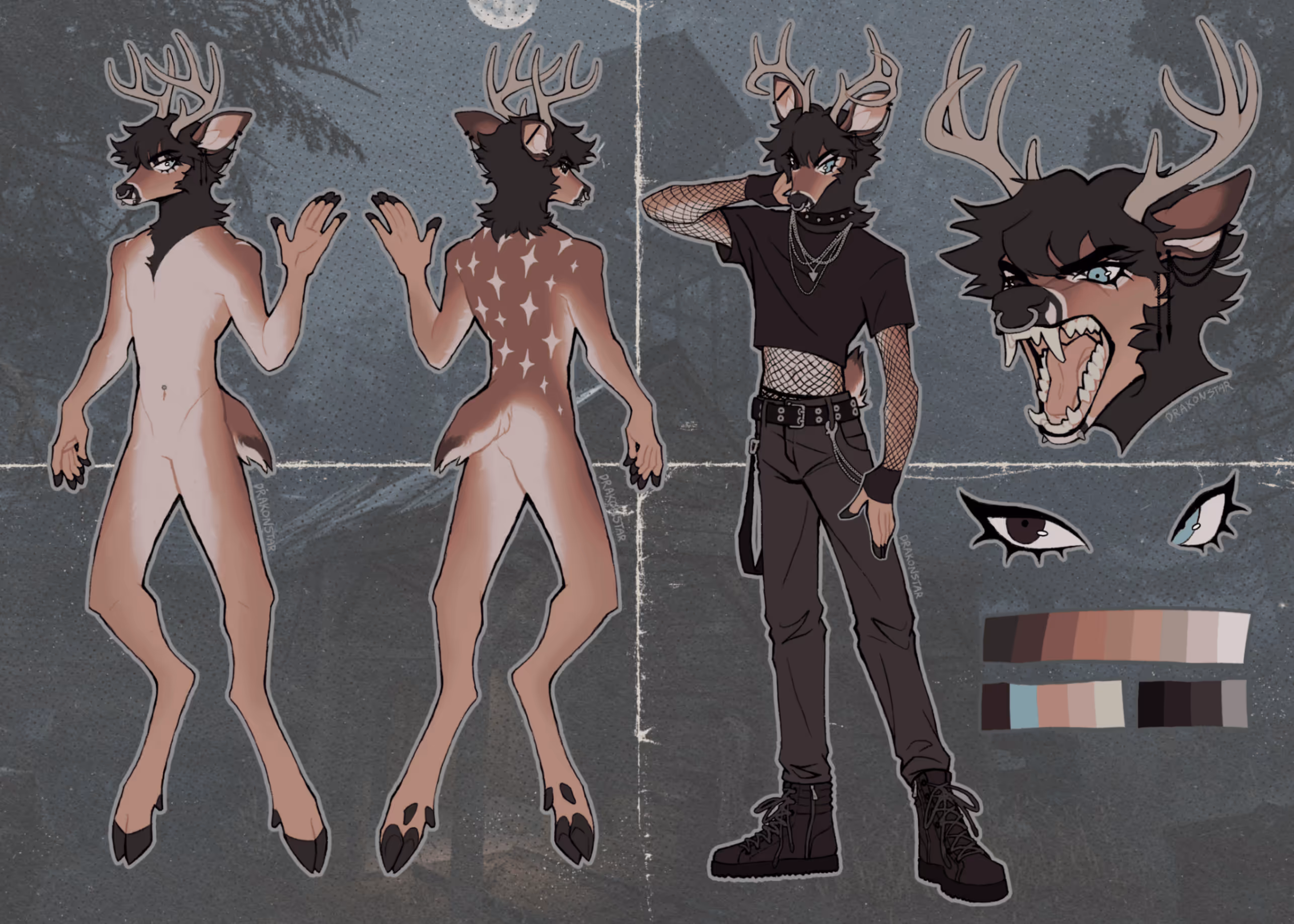 Reference sheet of an anthropomorphic deer with an alternative/punk style.