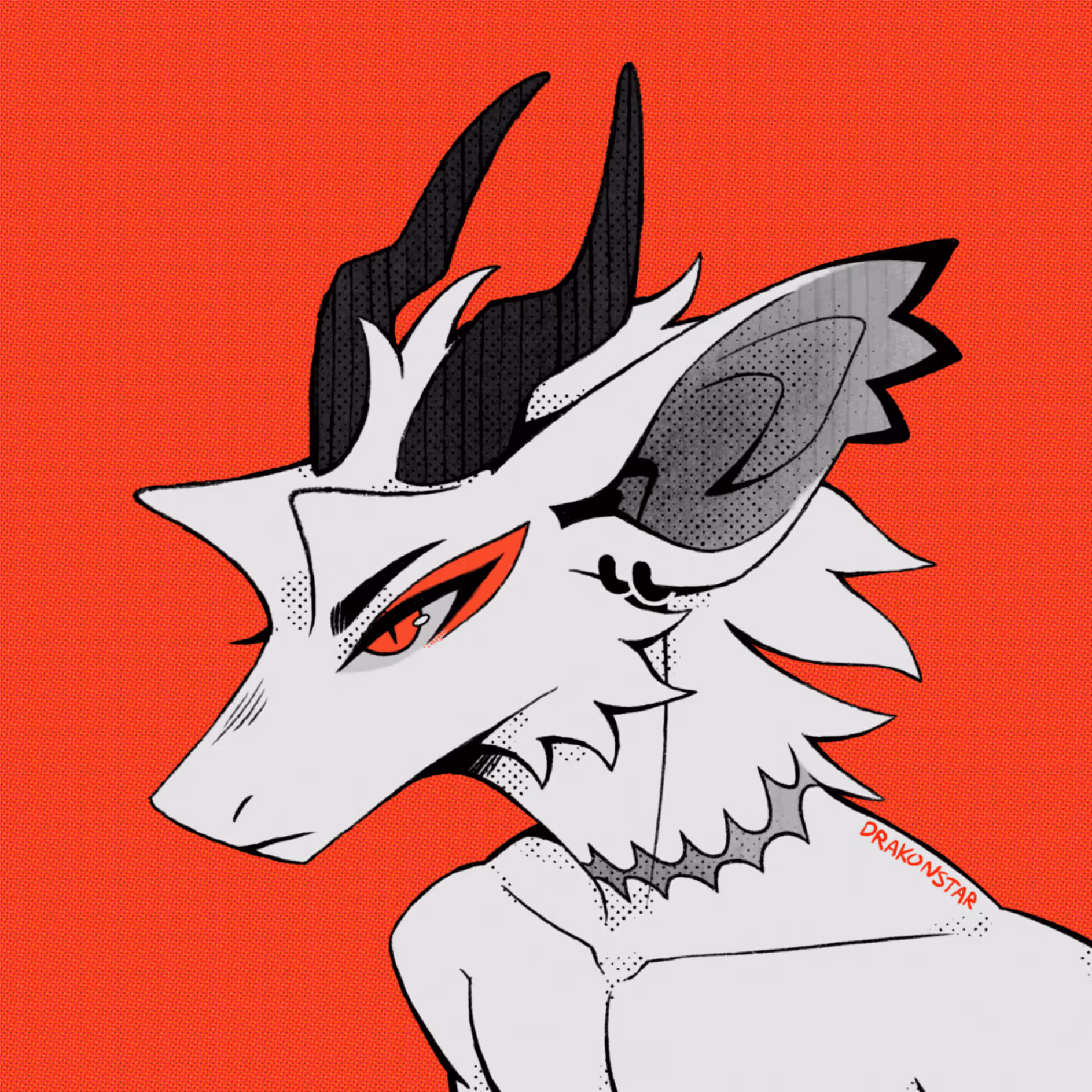 Portrait of an anthropomorphic white dragon with a red background and red eyes.