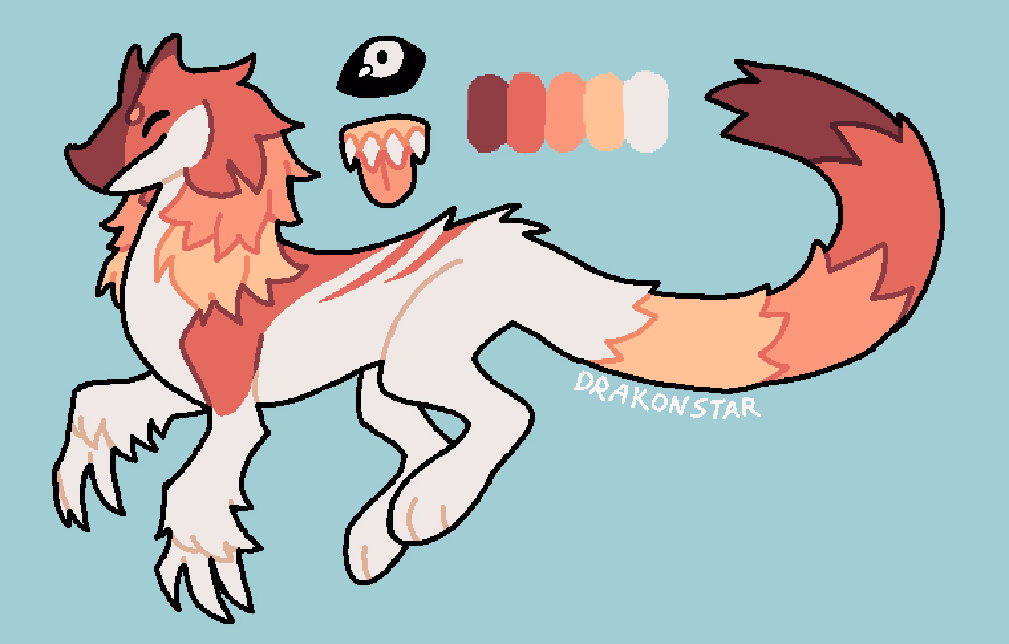 Drawing of a wingless dragon-like creature with red and white fur.